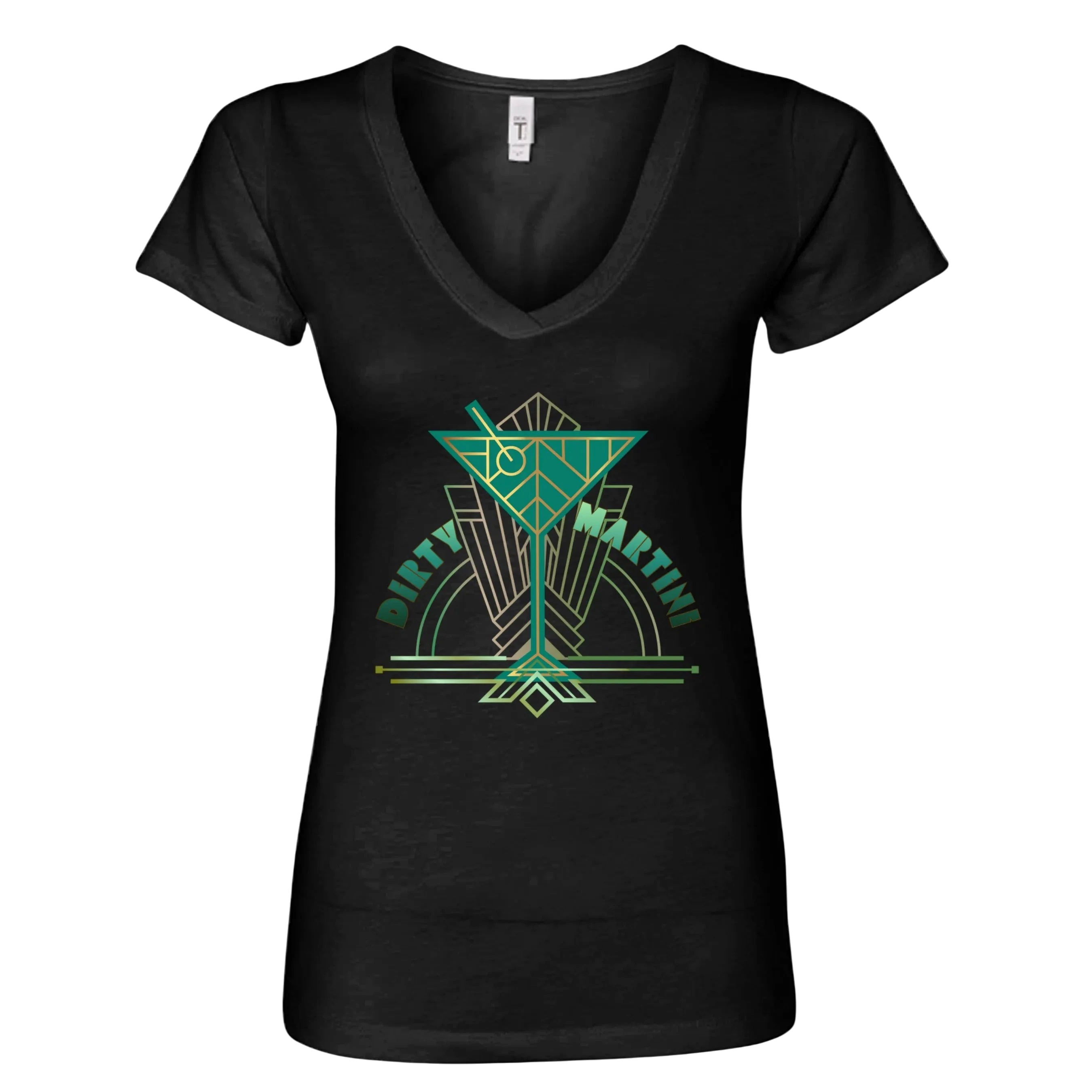 Sonoma Rebel black v-neck t-shirt with a green and gold art deco dirty martini graphic.