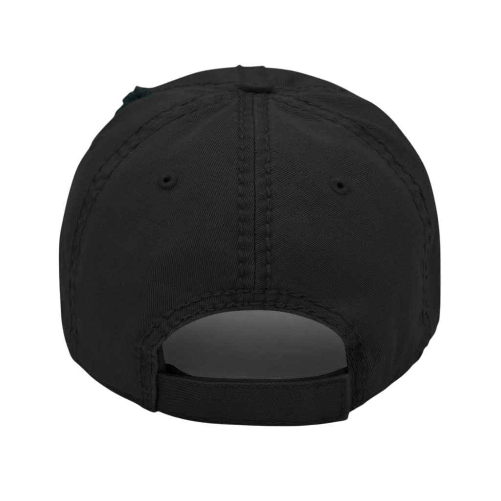 Sonoma Rebel black distressed dad hat made of 100% cotton twill with adjustable hook and loop closure.