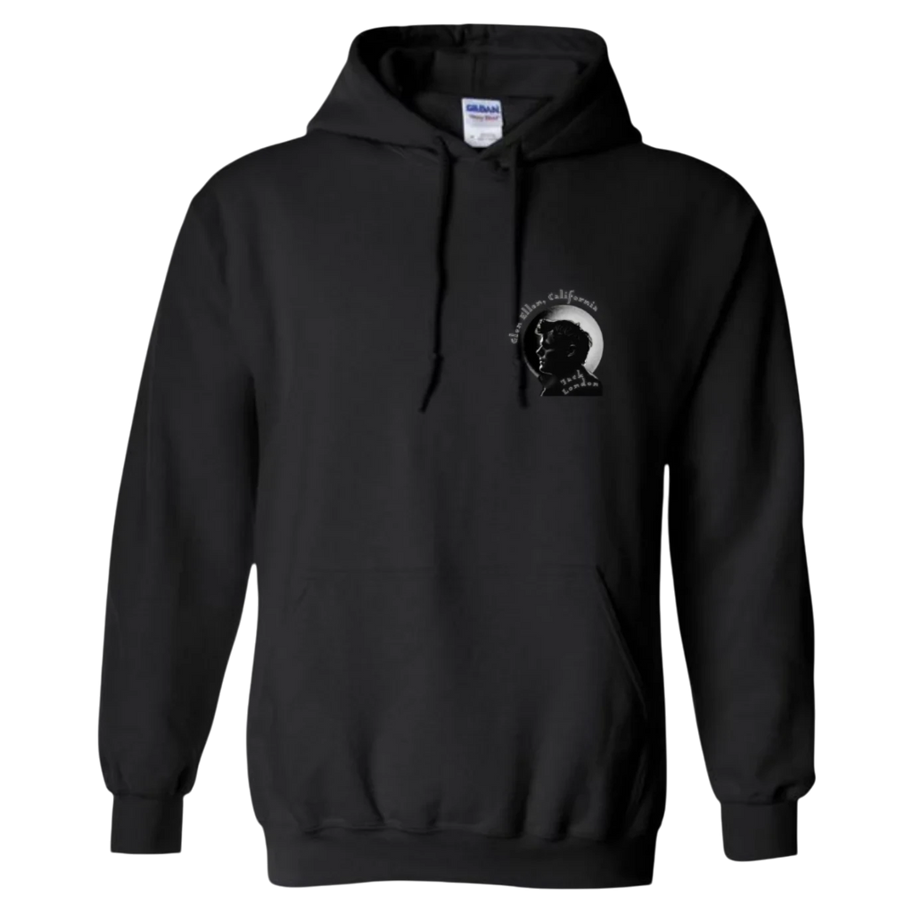 Sonoma Rebel black midweight fleece hoodie with a small chest graphic of a man's profile and "Jack London" text.