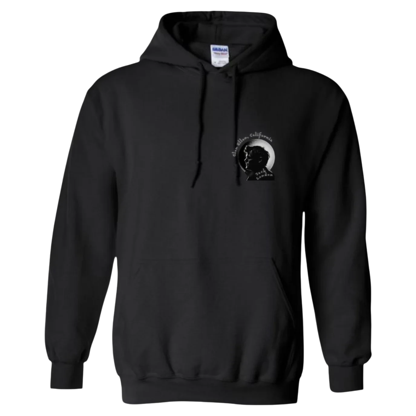 Sonoma Rebel black midweight fleece hoodie with a small chest graphic of a man's profile and "Jack London" text.