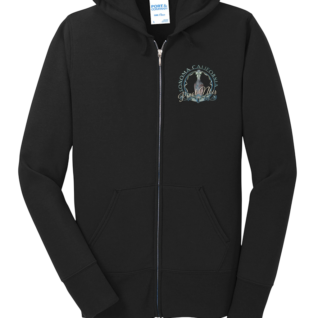 Sonoma Rebel black full-zip hooded sweatshirt with a printed Sonoma California Pinot Noir logo on the chest. Made of a cotton-polyester blend.