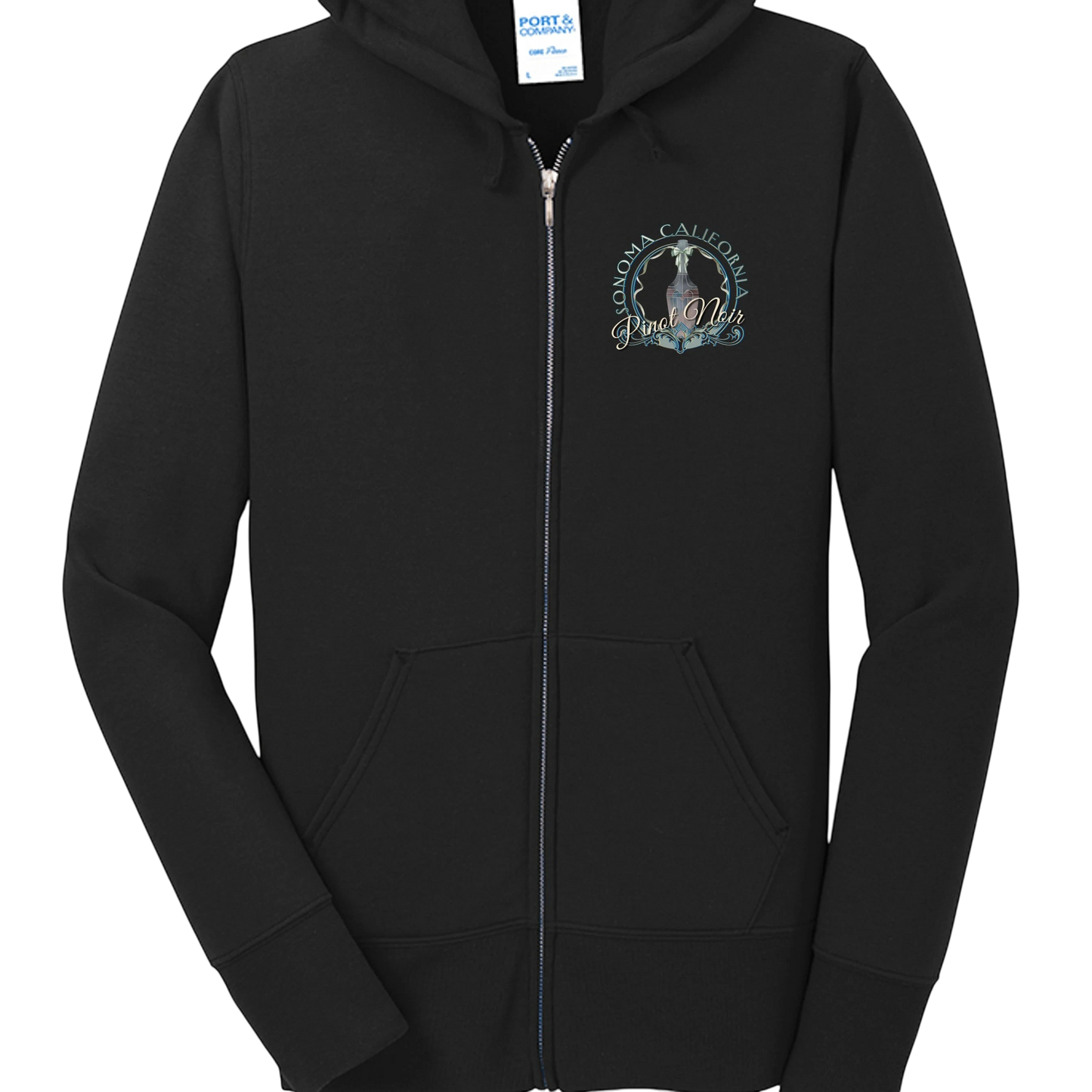 Sonoma Rebel black full-zip hooded sweatshirt with a printed Sonoma California Pinot Noir logo on the chest. Made of a cotton-polyester blend.