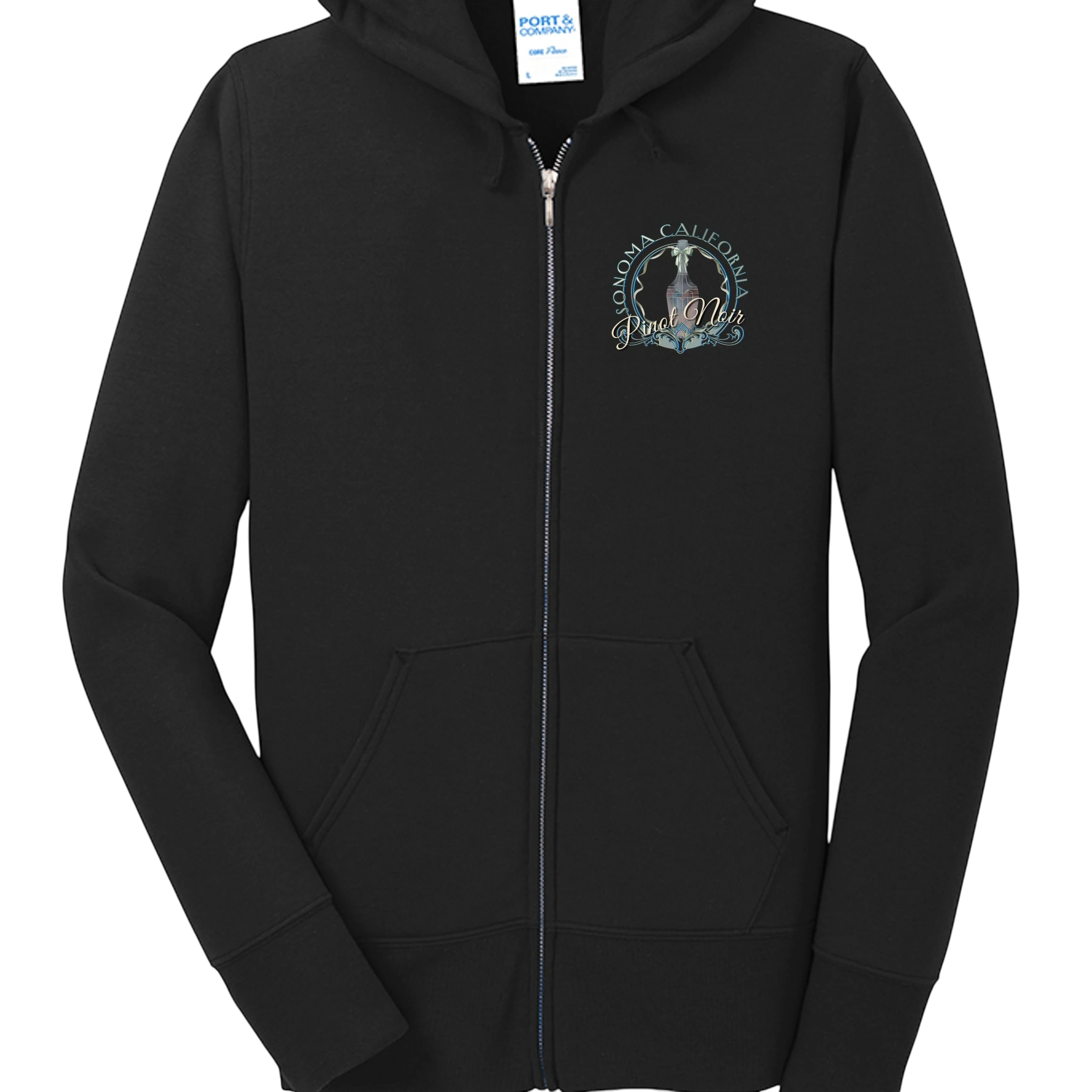 Sonoma Rebel black full-zip hooded sweatshirt with a printed Sonoma California Pinot Noir logo on the chest. Made of a cotton-polyester blend.