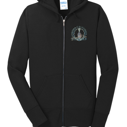 Sonoma Rebel black full-zip hooded sweatshirt with a printed Sonoma California Pinot Noir logo on the chest. Made of a cotton-polyester blend.