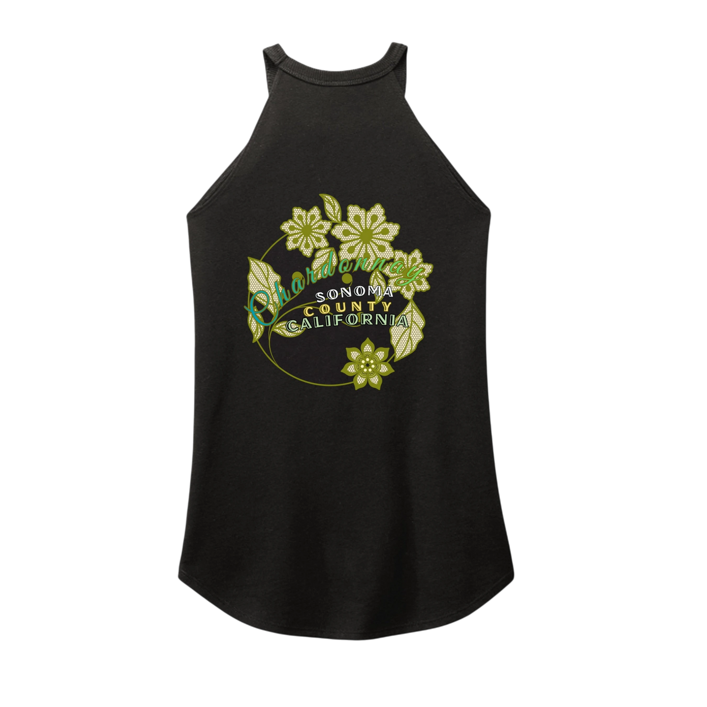 Sonoma Rebel black tri-blend tank top with a floral graphic and text reading Chardonnay, Sonoma County, California.