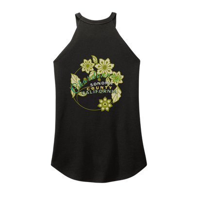 Sonoma Rebel black tri-blend tank top with a floral graphic and text reading Chardonnay, Sonoma County, California.
