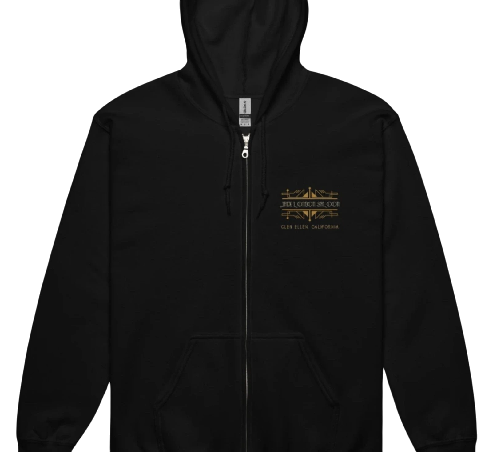 Sonoma Rebel black cotton blend full zip hoodie with Jack London Saloon Cold Cocktails graphic on chest.