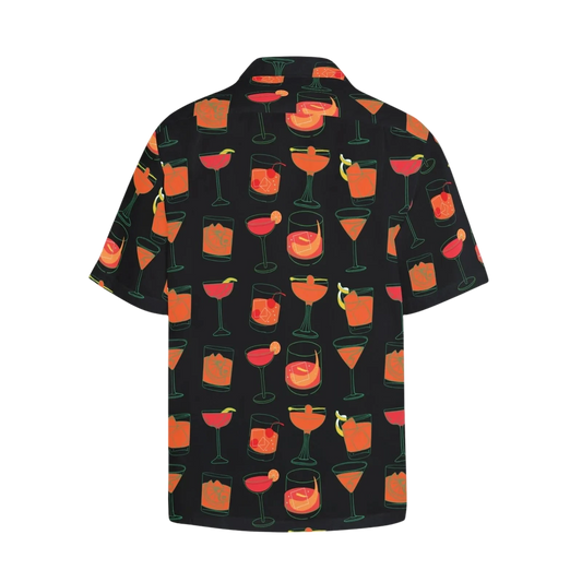 Sonoma Rebel black Hawaiian shirt with a repeating pattern of colorful cocktail glasses. Short sleeves, notch collar.