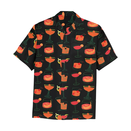 Sonoma Rebel black Hawaiian shirt with a repeating pattern of colourful whiskey cocktail glasses and drinks. Short sleeves, notch collar.