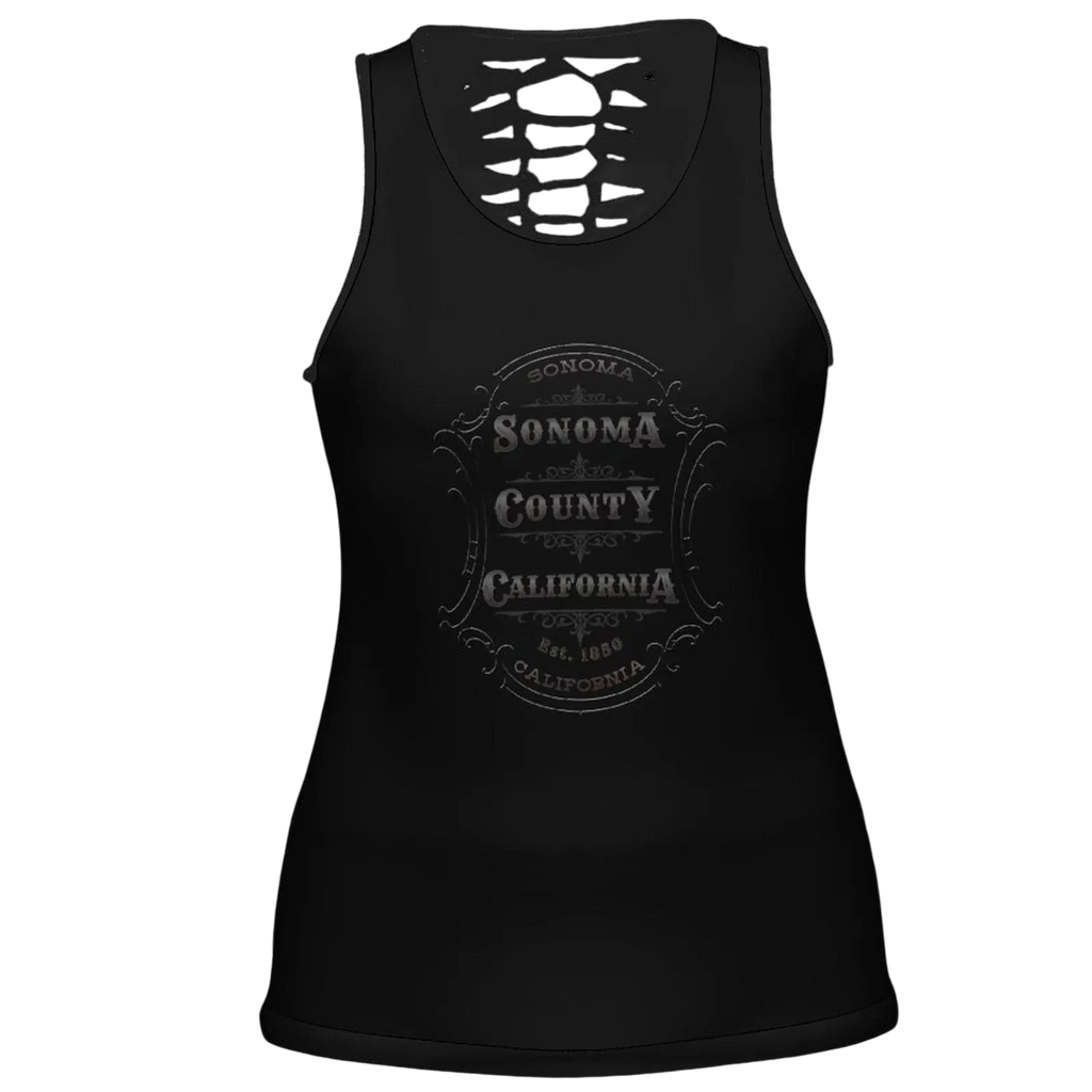 Sonoma Rebel black polyester-spandex blend women's tank top with hollow back cutout and Sonoma County emblem graphic.