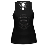 Sonoma Rebel black polyester-spandex blend women's tank top with hollow back cutout and Sonoma County emblem graphic.
