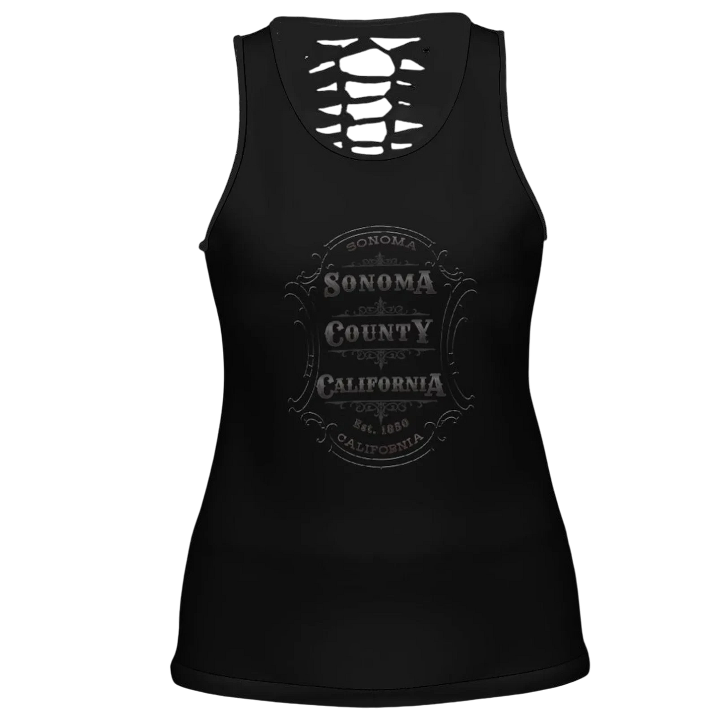 Sonoma Rebel black polyester-spandex blend women's tank top with hollow back cutout and Sonoma County emblem graphic.