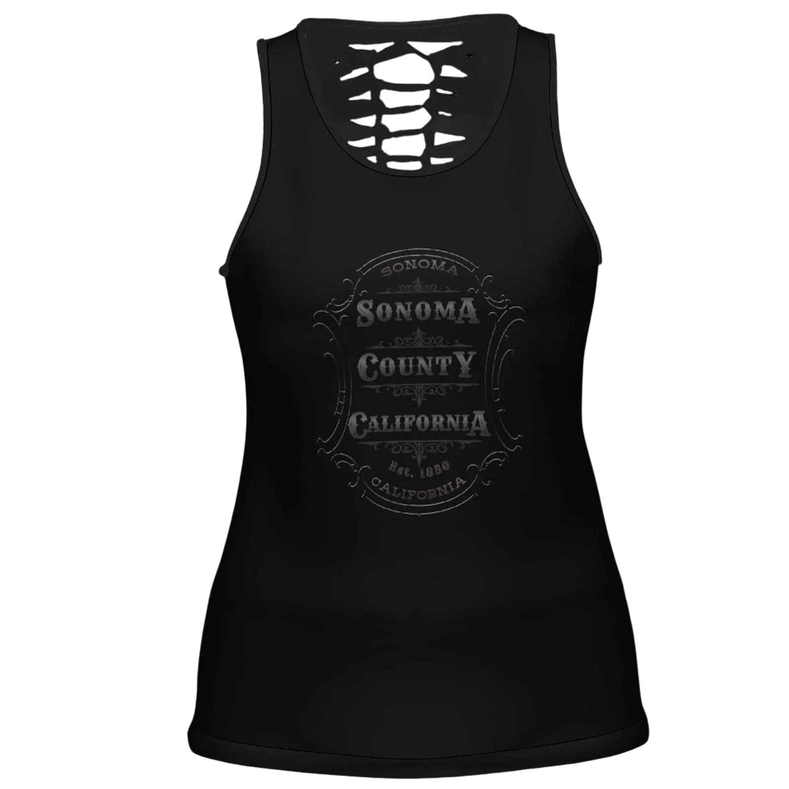 Sonoma Rebel black polyester-spandex blend women's tank top with hollow back cutout and Sonoma County emblem graphic.
