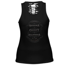 Sonoma Rebel black polyester-spandex blend women's tank top with hollow back cutout and Sonoma County emblem graphic.
