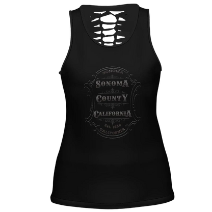 Sonoma Rebel black polyester-spandex blend women's tank top with hollow back cutout and Sonoma County emblem graphic.