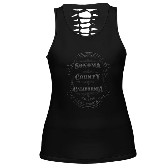 Sonoma Rebel black polyester-spandex blend women's tank top with hollow back cutout and Sonoma County emblem graphic.