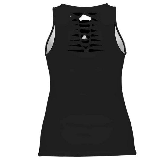 Sonoma Rebel black polyester-spandex blend women's tank top with a hollow back design for ventilation.