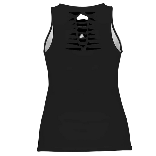 Sonoma Rebel black polyester-spandex blend women's tank top with a hollow back design for ventilation.