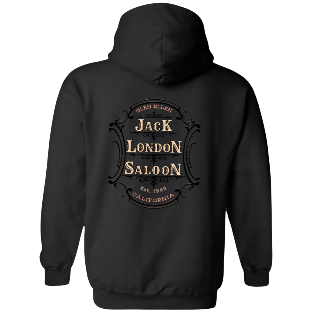 Sonoma Rebel black cotton blend hoodie with Jack London Saloon Emblem graphic on back.