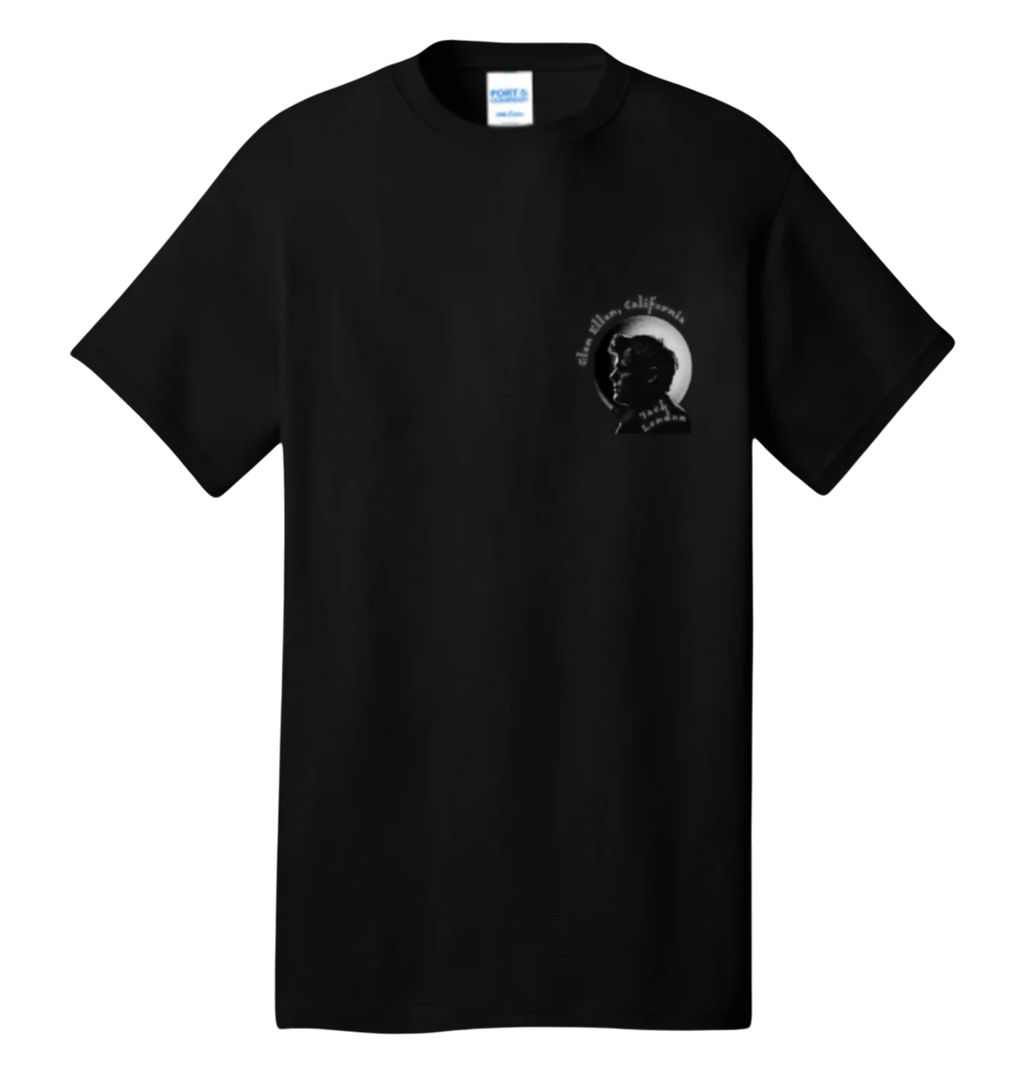 Sonoma Rebel black 100% cotton unisex t-shirt with Jack London graphic and "Wolf House, California" text on chest.