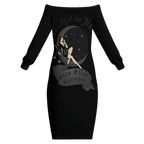 Sonoma Rebel black off-the-shoulder long sleeve midi bodycon dress with a graphic print of a woman on a crescent moon.