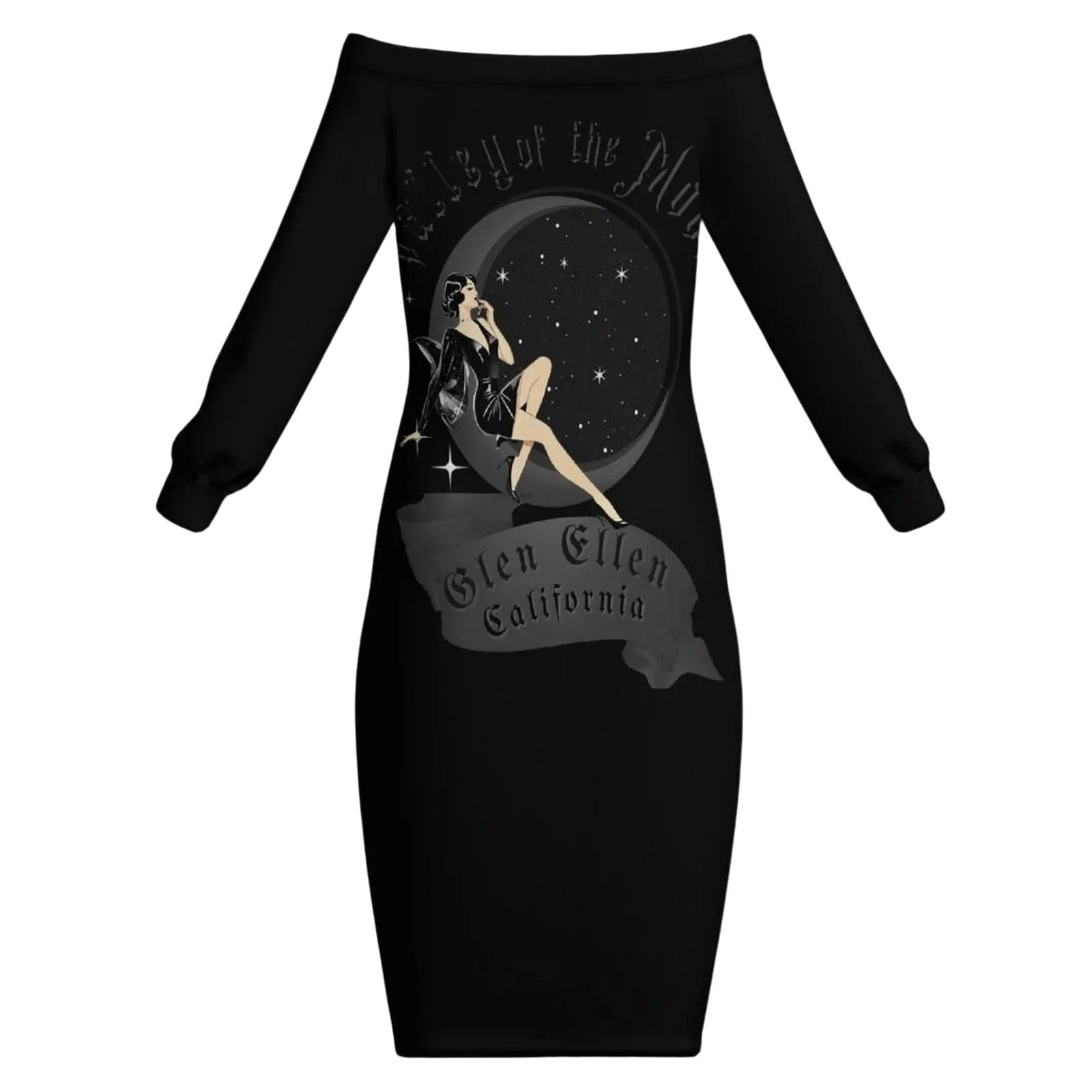 Sonoma Rebel black off-the-shoulder long sleeve midi bodycon dress with a graphic print of a woman on a crescent moon.