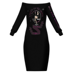 Sonoma Rebel black polyester bodycon midi dress with off-the-shoulder neckline and long sleeves, featuring a graphic print.