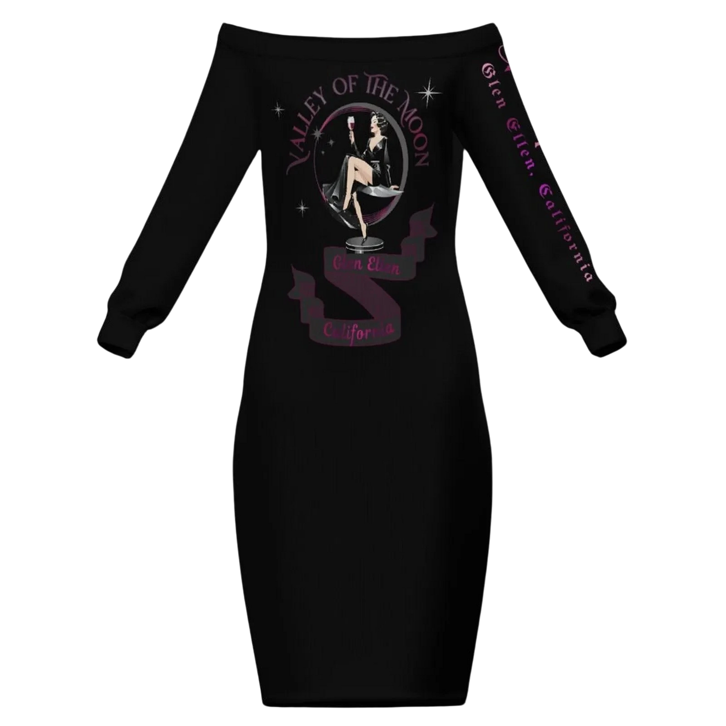 Sonoma Rebel black polyester bodycon midi dress with off-the-shoulder neckline and long sleeves, featuring a graphic print.