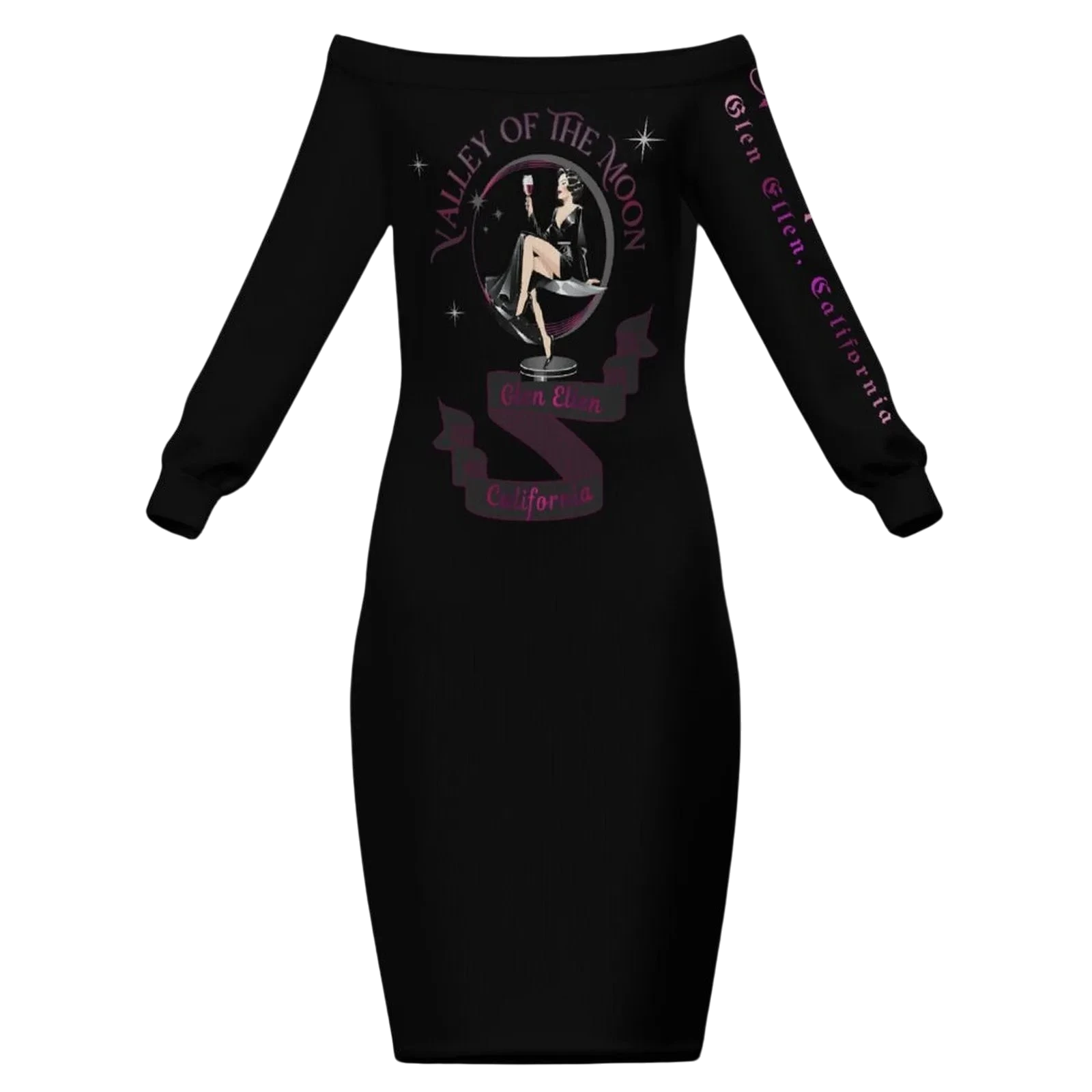 Sonoma Rebel black polyester bodycon midi dress with off-the-shoulder neckline and long sleeves, featuring a graphic print.