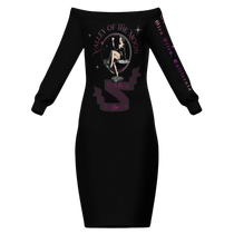 Sonoma Rebel black polyester bodycon midi dress with off-the-shoulder neckline and long sleeves, featuring a graphic print.