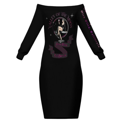 Sonoma Rebel black polyester bodycon midi dress with off-the-shoulder neckline and long sleeves, featuring a graphic print.