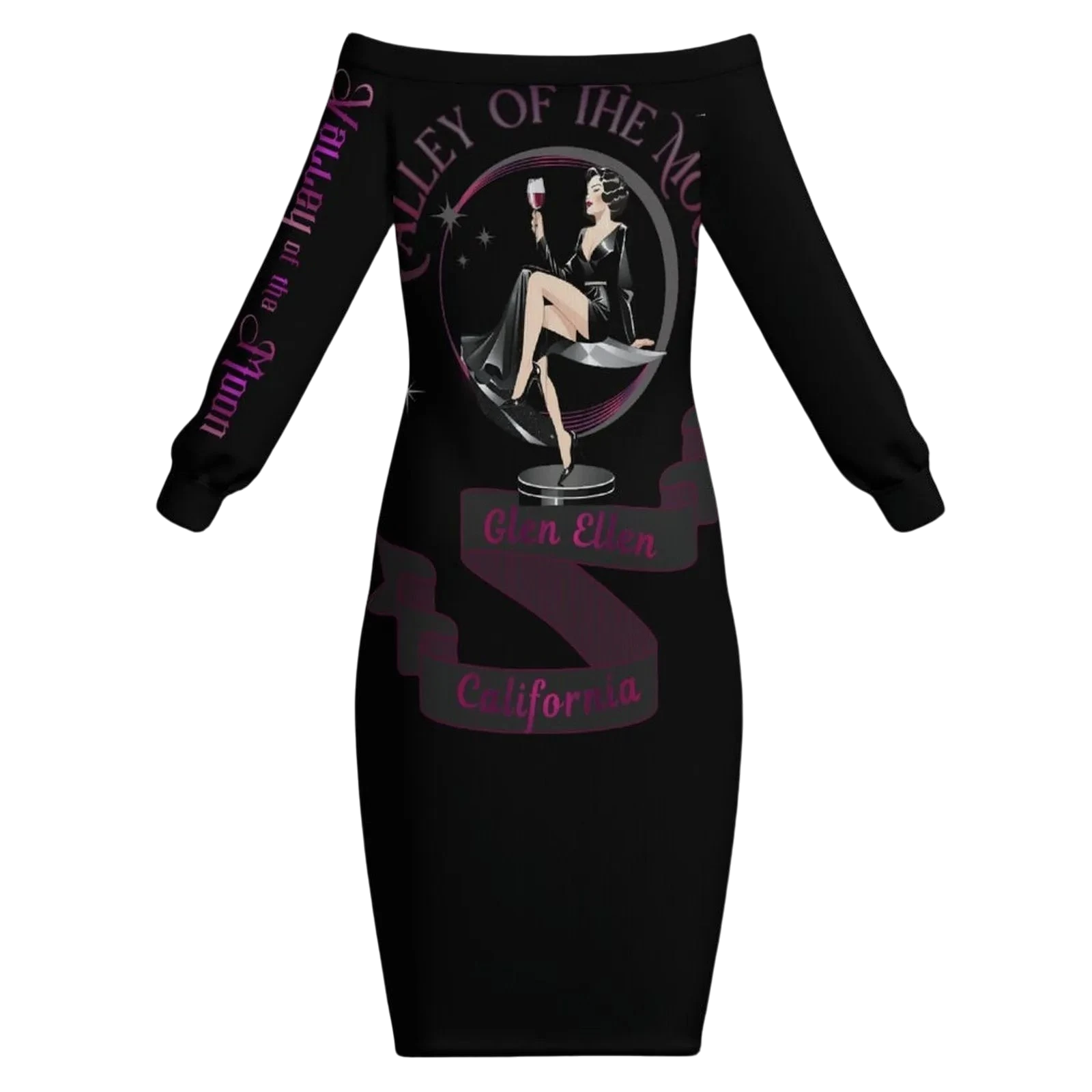 Sonoma Rebel black polyester bodycon midi dress with off-the-shoulder neckline and long sleeves, featuring a graphic print.