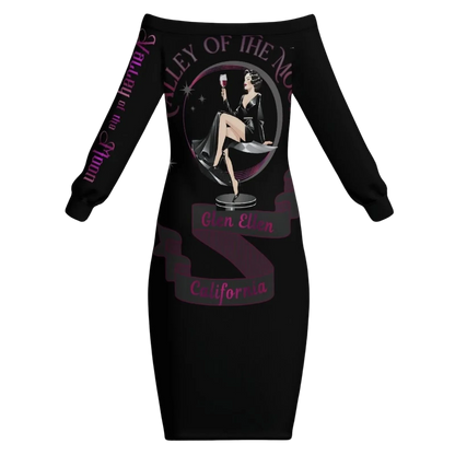 Sonoma Rebel black polyester bodycon midi dress with off-the-shoulder neckline and long sleeves, featuring a graphic print.