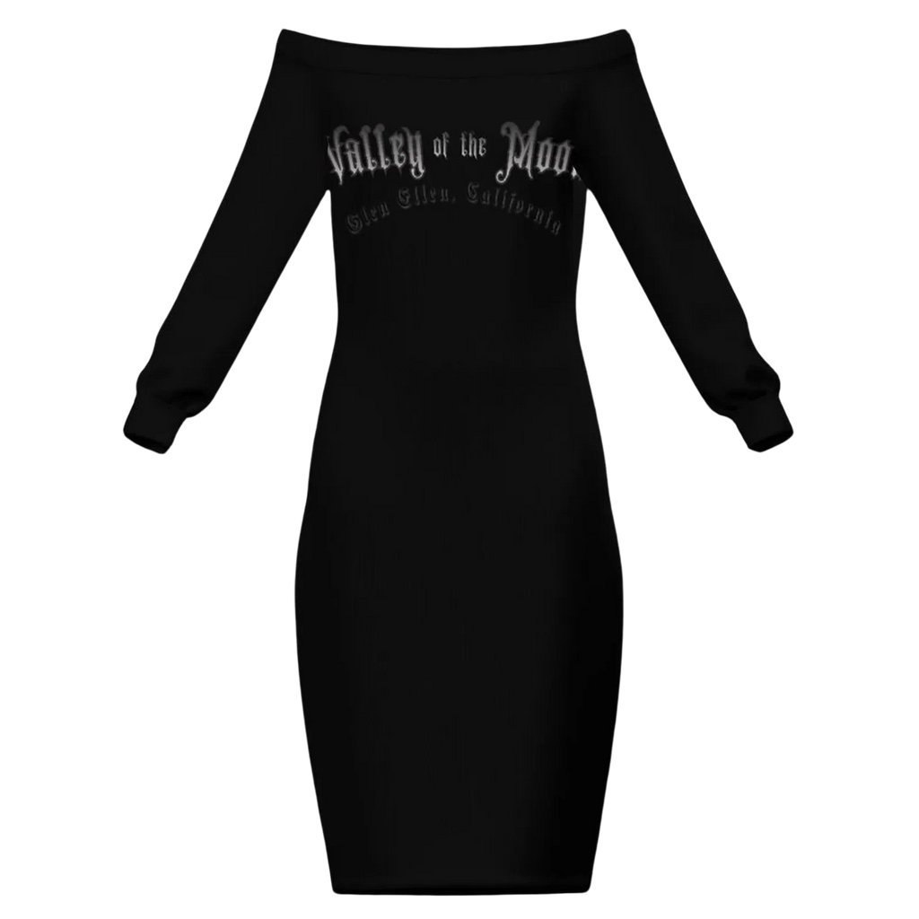 Sonoma Rebel black off-the-shoulder long sleeve midi bodycon dress with 'Valley of the Moon' graphic.