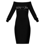 Sonoma Rebel black off-the-shoulder long sleeve midi bodycon dress with 'Valley of the Moon' graphic.