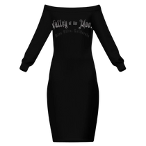 Sonoma Rebel black off-the-shoulder long sleeve midi bodycon dress with 'Valley of the Moon' graphic.