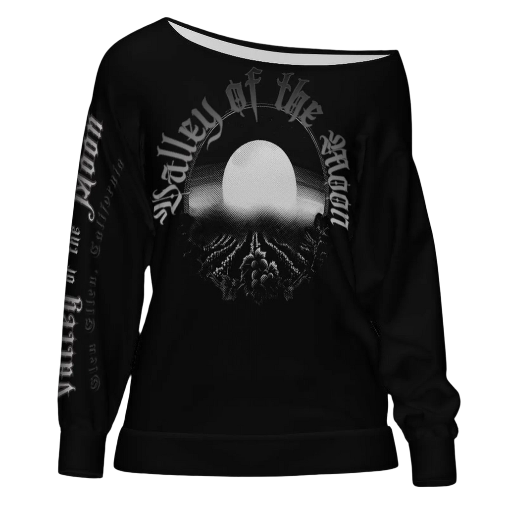 Sonoma Rebel women's black off-shoulder sweatshirt with 'Valley of the Misty Moon' graphic and vineyard design.