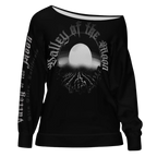 Sonoma Rebel women's black off-shoulder sweatshirt with 'Valley of the Misty Moon' graphic and vineyard design.