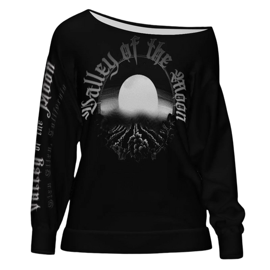Sonoma Rebel women's black off-shoulder sweatshirt with 'Valley of the Misty Moon' graphic and vineyard design.