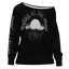 Sonoma Rebel women's black off-shoulder sweatshirt with 'Valley of the Misty Moon' graphic and vineyard design.