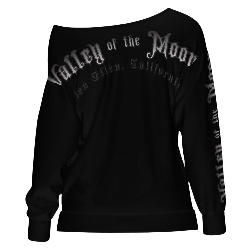 Sonoma Rebel black 100% polyester off-shoulder sweatshirt with "Valley of the Moon" graphic