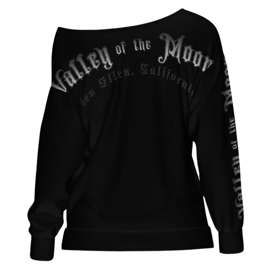 Sonoma Rebel black 100% polyester off-shoulder sweatshirt with "Valley of the Moon" graphic