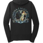 Sonoma Rebel black full-zip hooded sweatshirt with "Pinot Noir" graphic featuring a retro pin-up girl and "Sonoma California" text.