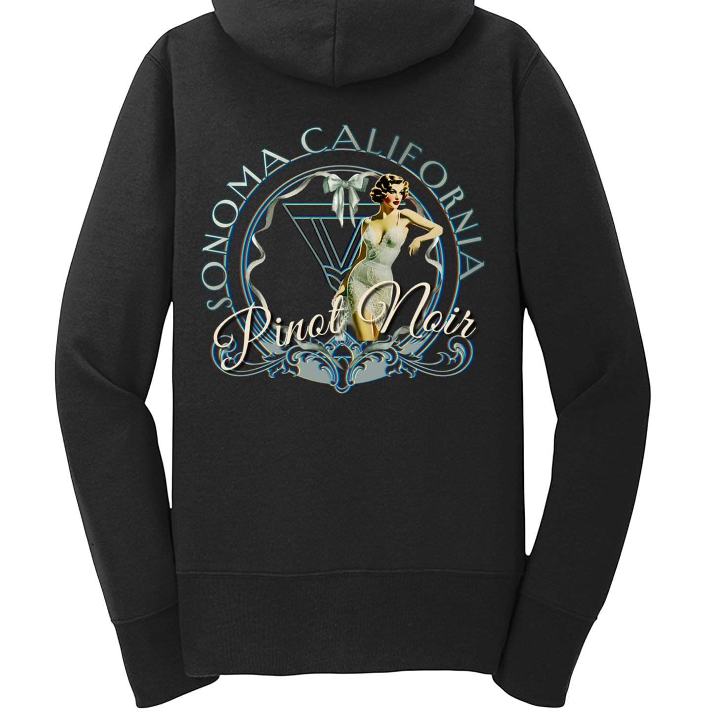 Sonoma Rebel black full-zip hooded sweatshirt with "Pinot Noir" graphic featuring a retro pin-up girl and "Sonoma California" text.
