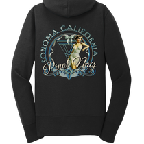 Sonoma Rebel black full-zip hooded sweatshirt with "Pinot Noir" graphic featuring a retro pin-up girl and "Sonoma California" text.