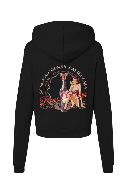 Sonoma Rebel women's black classic hoodie with a pinup graphic featuring a wine bottle and