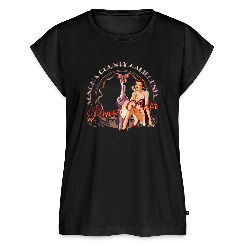 Sonoma Rebel black cotton t-shirt with pinup girl and Pinot Noir bottle graphic, rolled cuff sleeves, scoop neck.