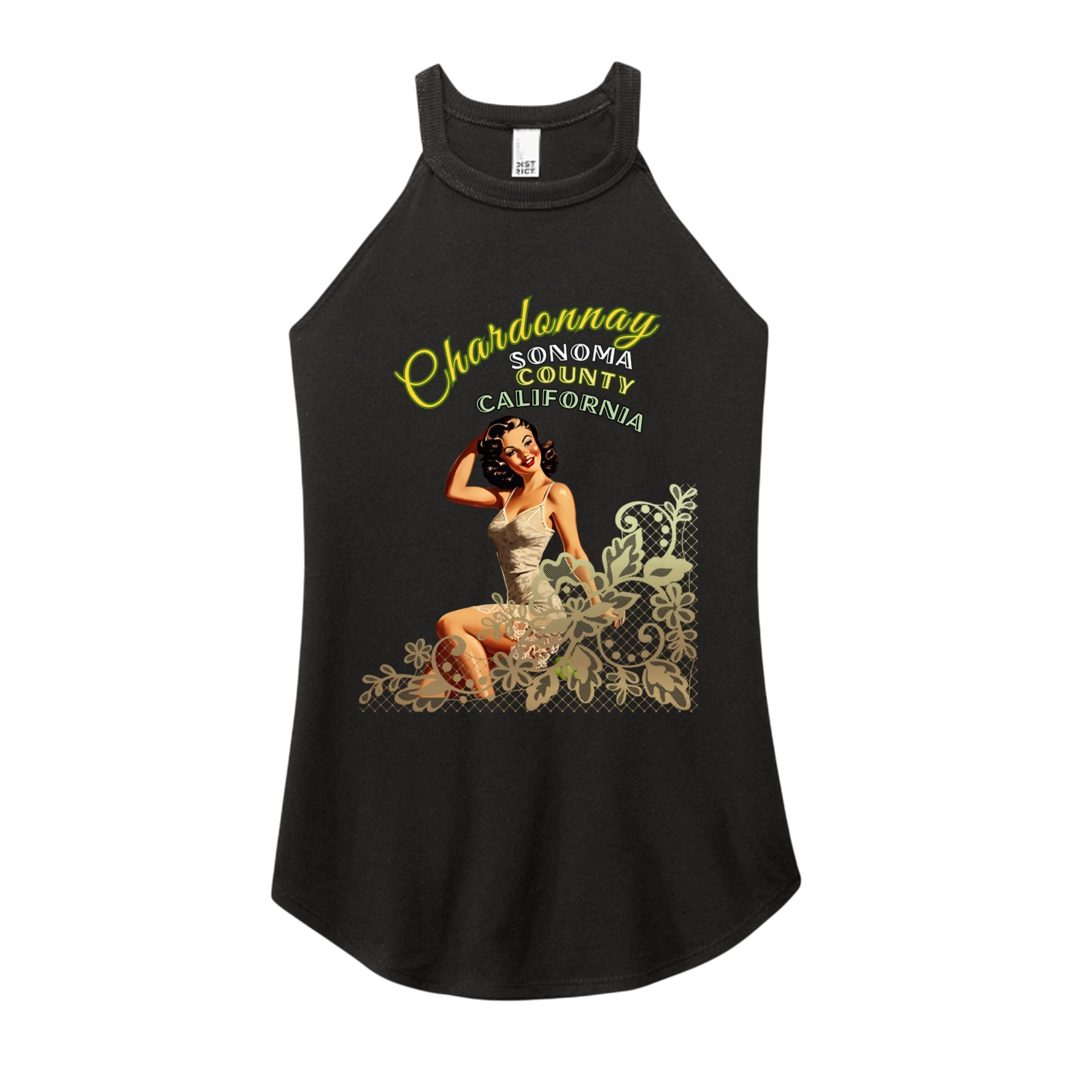 Sonoma Rebel black tri-blend tank top with a retro pin-up graphic featuring text