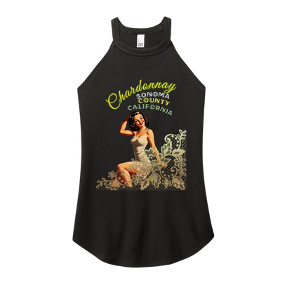 Sonoma Rebel black tri-blend tank top with a retro pin-up graphic featuring text
