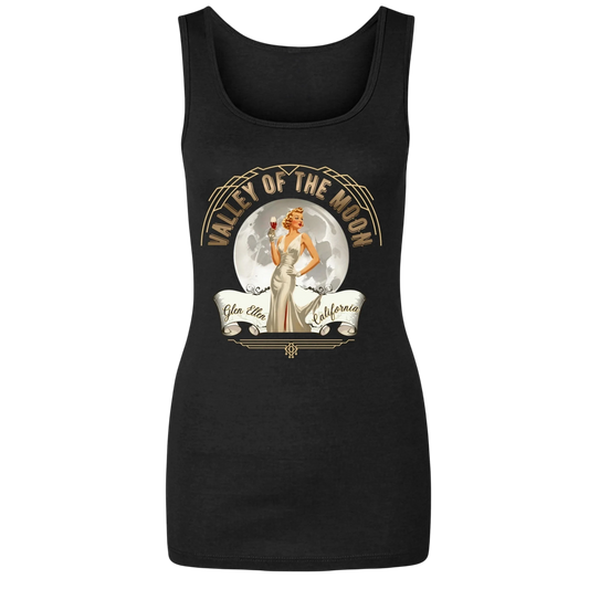 Sonoma Rebel black cotton blend tank top with a vintage glam pinup graphic featuring a woman in a white dress holding a wine glass, set against a moon and banner reading "Valley of the Moon Glen Ellen California".